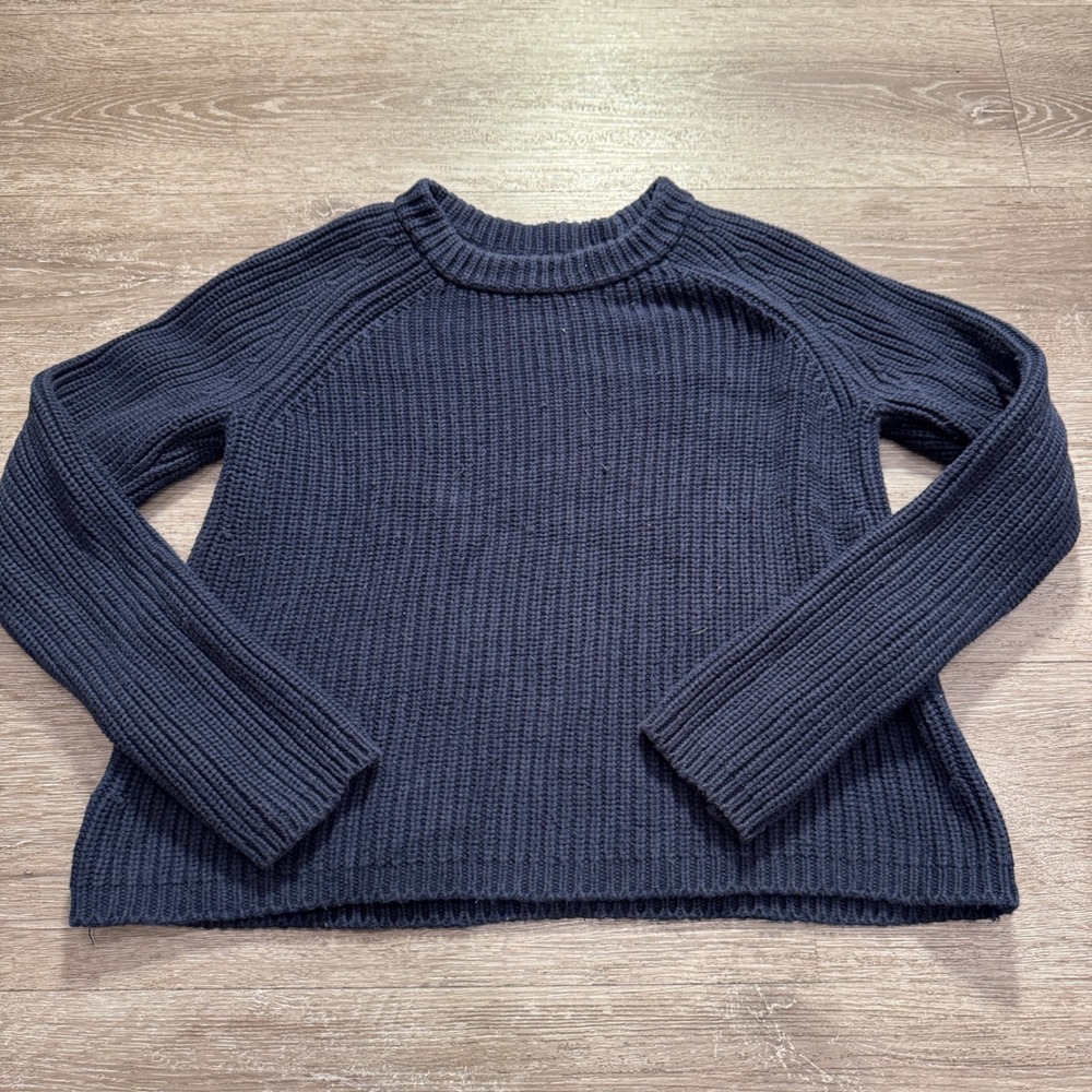 Quince Sweater Women XS Navy Blue Organic Cotton Fisherman Chunky Rib Knit Adult